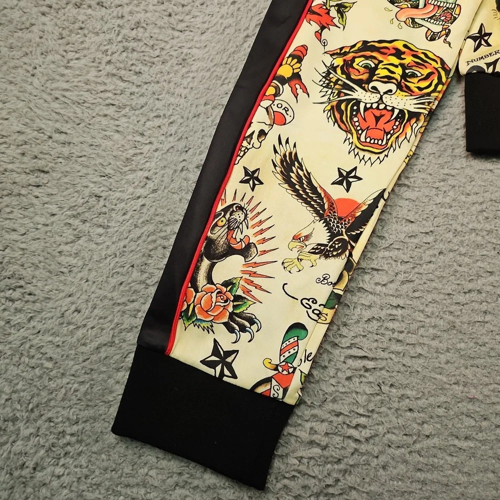 Ed Hardy Track Jacket Womens XL Shrunken Flashboard Multi Tattoo Cropped Y2K AOP
